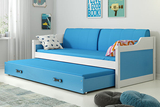 Pat extensibil pentru tineri DAWID 90X200 cu saltea și sertar, alb/albastru