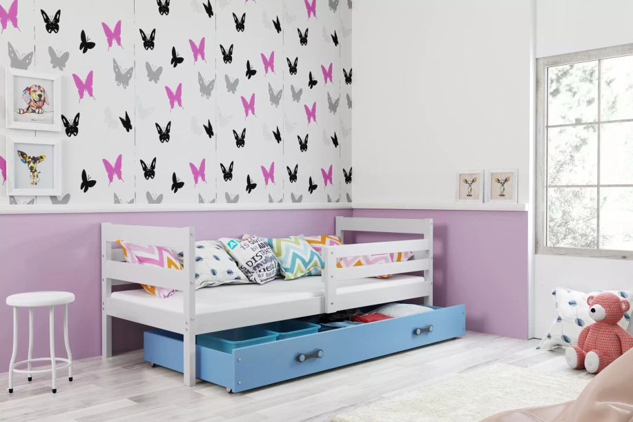 Patul ERYK 90X200 pentru tineri cu sertar, alb/albastru