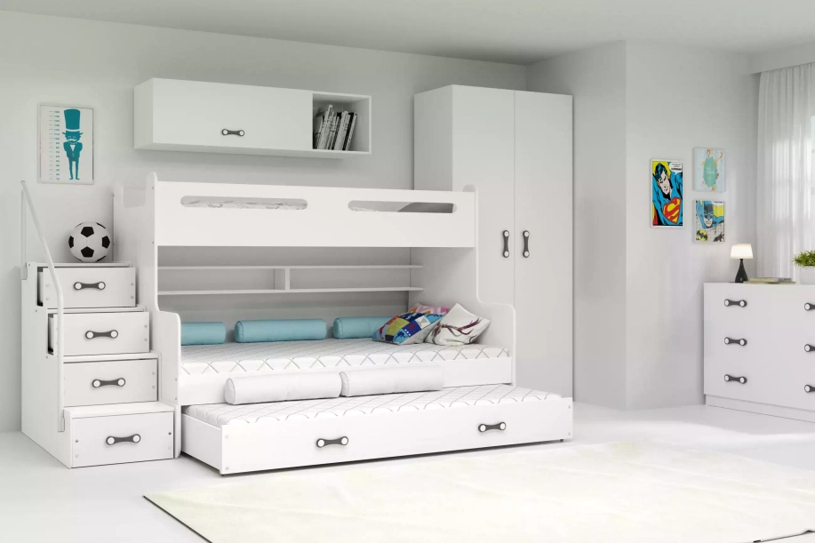 Pat de tineret triplu MAX 3 120X200 cu saltea și sertar, alb