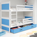 Pat supraetajat pentru tineri RICO 90X200 cu saltea și sertar, alb/albastru