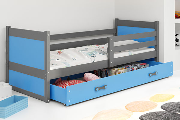 Pat single pentru tineri RICO 90X200 cu saltea și sertar, grafit/albastru