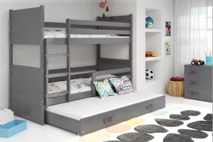 Pat supraetajat pentru adolescenți Rico cu 3 locuri 90x190 cu saltea și sertar, gri