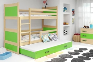 Pat junior pentru trei persoane RICO 90X200 cu saltea și sertar, pin/verde
