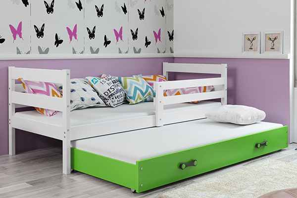 Pat extensibil pentru tineri ERYK 80X190 cu saltea și sertar, alb/verde