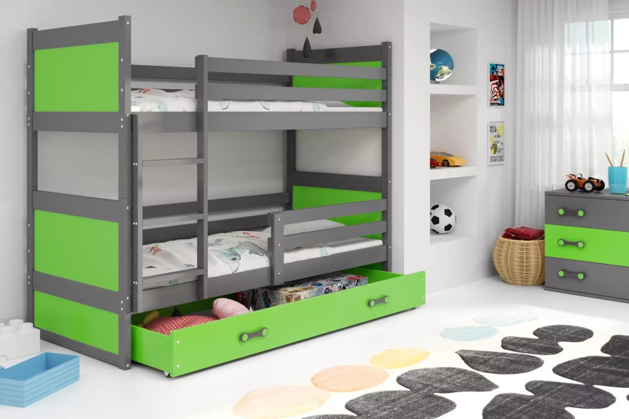 Pat supraetajat pentru tineri RICO 90X200 cu sertar, grafit/verde