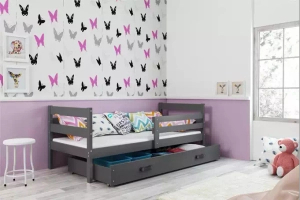 Éric pat single pentru adolescenți 90x190 cu saltea și sertar, gri