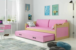 Pat extensibil pentru tineri DAWID 90X200 cu saltea și sertar, pin/roz