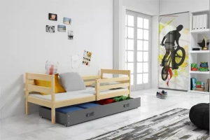 Éric pat single pentru adolescenți 90x190 cu saltea și sertar, pin/gri