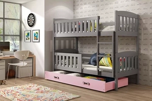 Pat supraetajat KUBUŚ 90X190 cu sertar, grafit/pink