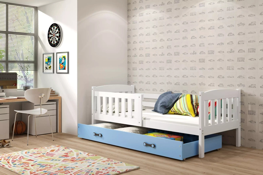 KUBUŚ 90X200 pat single pentru tineri cu sertar, alb/albastru