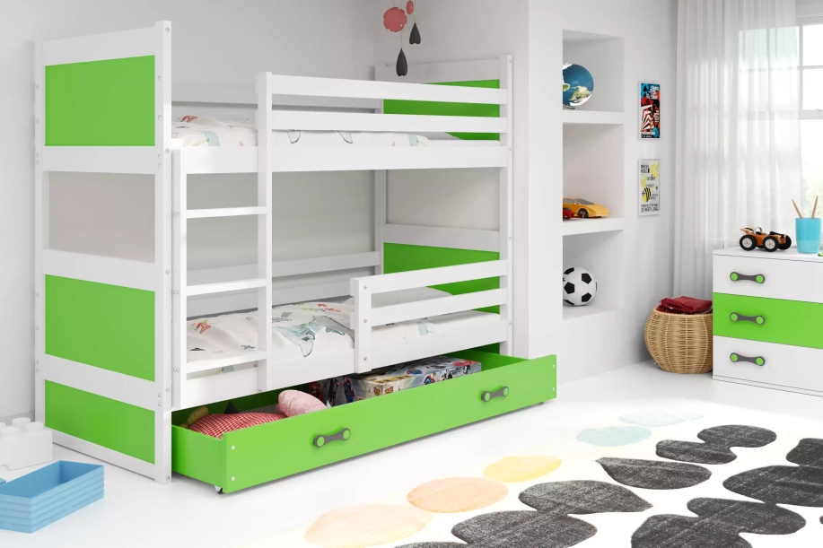 Pat supraetajat pentru tineri RICO 90X200 cu sertar, alb/verde
