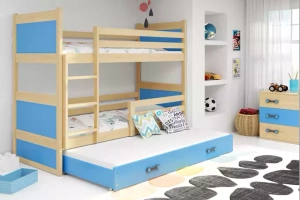 Rico pat supraetajat cu 3 locuri 90x190 cu sertar, pin/albastru
