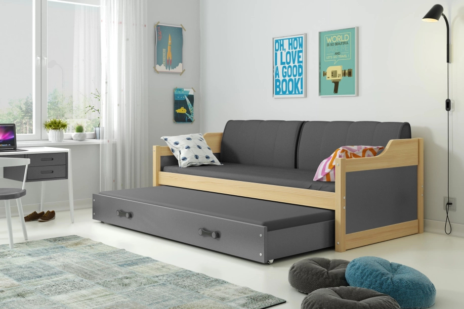 Pat extensibil pentru tineri DAWID 90X200 cu saltea și sertar, pin/grafit