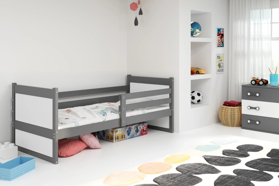 Pat single pentru tineri RICO 90X200 cu saltea, grafit/alb