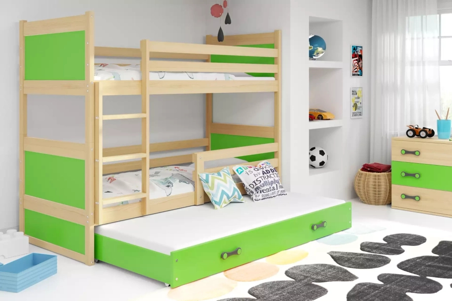 Pat supraetajat pentru adolescenți Rico cu 3 locuri 90x190 cu sertar, pin/verde