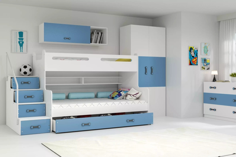 Pat supraetajat pentru tineri MAX 3 120X200 cu saltea și sertar, albastru