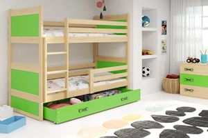 Pat supraetajat junior RICO 90X200 cu saltea și sertar, pin/verde