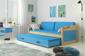 Pat extensibil pentru tineri DAWID 90X200 cu saltea și sertar, pin/albastru