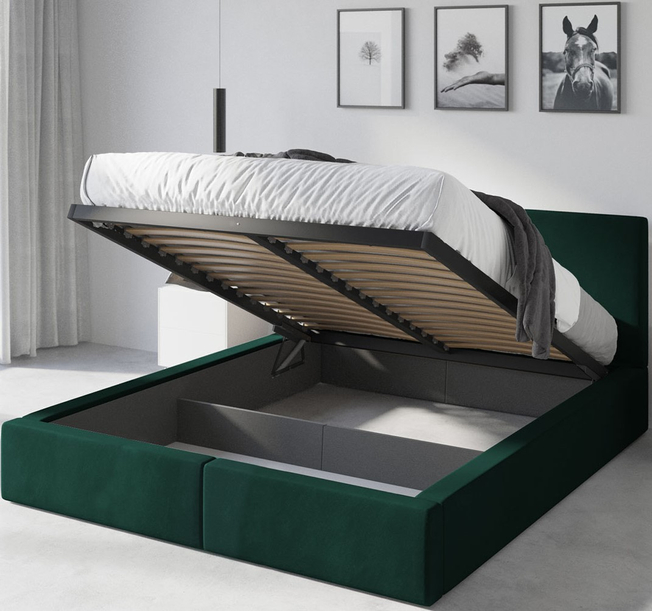 Pat tapițat pentru dormitor HILTON 140X200 cu cutie de depozitare, verde