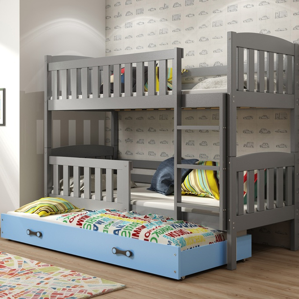 Pat cu trei paturi KUBUŚ 90X190 cu sertar, grafit/albastru