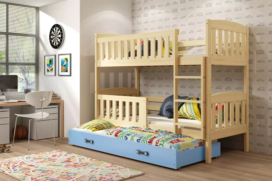Pat supraetajat pentru adolescenți Jacquot cu 3 locuri 90x190 cu saltea și sertar, pin/albastru