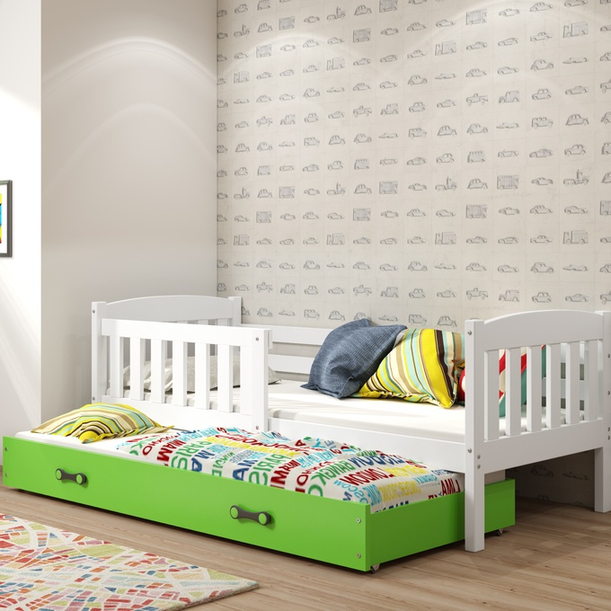 Jacquot 90x190 pat trundle adolescent cu saltea și sertar, alb/verde
