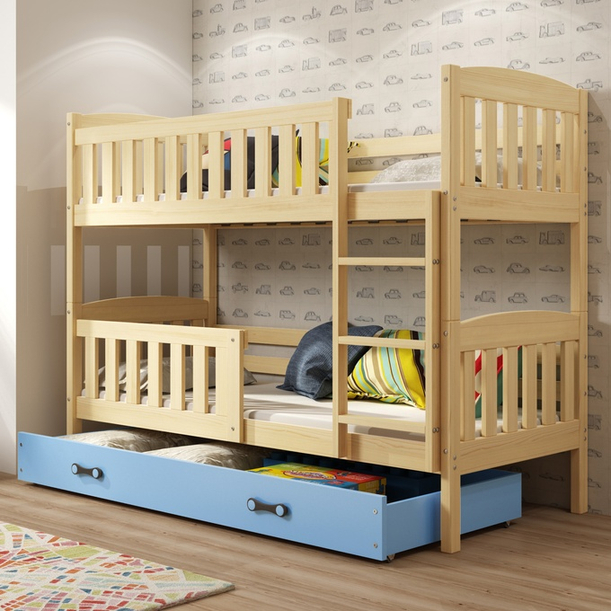 Pat supraetajat junior KUBUŚ 90X200 cu sertar, pin/albastru