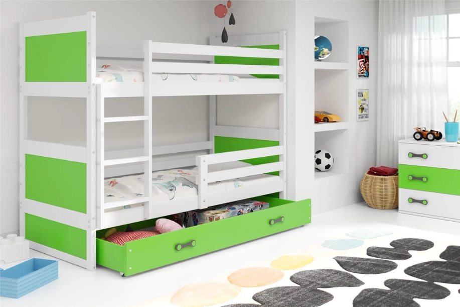 PAT SUPRAETAJAT PENTRU ADOLESCENȚI RICO CADRU ALB PANOURI VERZI SERTAR VERDE 90 X 190