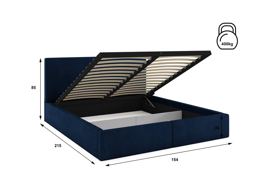 Pat tapițat pentru dormitor HILTON 140X200 cu cutie de depozitare, albastru