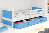 Pat single junior RICO 90X200 cu saltea și sertar, alb/albastru