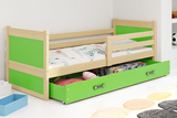 Pat single junior RICO 90X200 cu saltea și sertar, pin/verde
