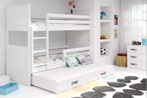 PAT SUPRAETAJAT PENTRU ADOLESCENȚI CU 3 LOCURI RICO CADRU ALB PANOURI ALBE SERTAR ALB FĂRĂ SALTEA 90 X 190
