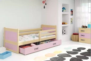 Rico pat single pentru adolescenți 90x190 cu saltea și sertar, pin/roz