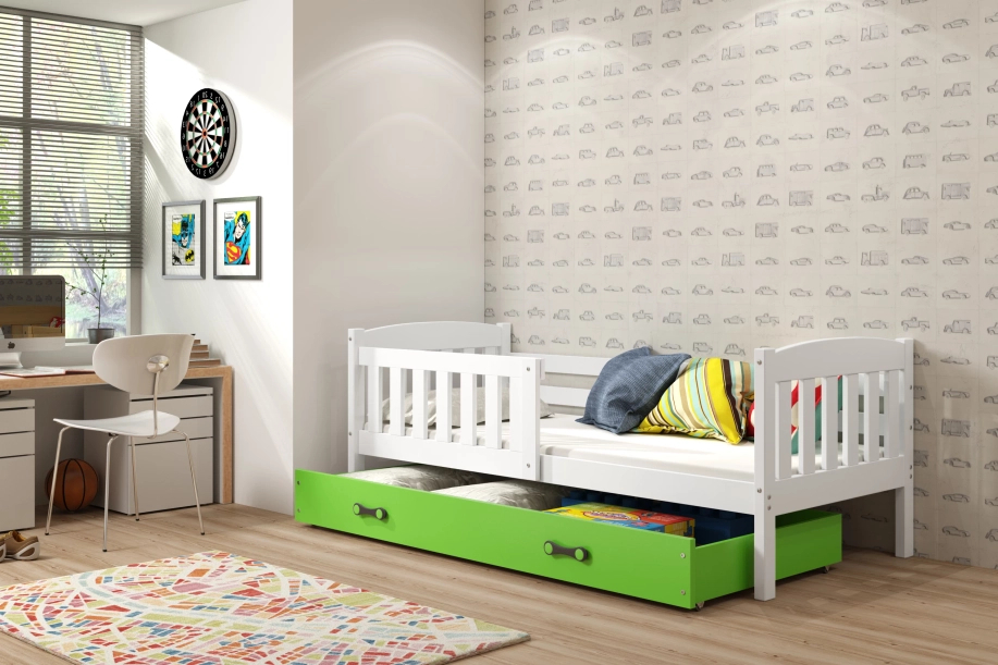 KUBUŚ 90X200 pat de tineret single cu saltea și sertar, alb/verde