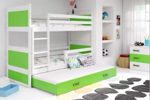 PAT SUPRAETAJAT PENTRU ADOLESCENȚI CU 3 LOCURI RICO CADRU ALB PANOURI VERZI SERTAR VERDE FĂRĂ SALTEA 90 X 190