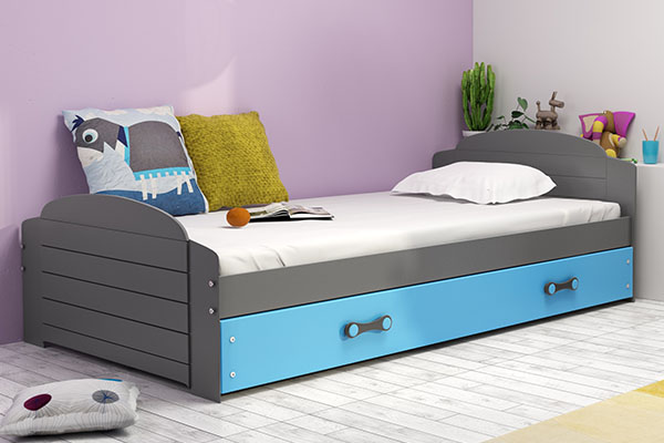 Pat single pentru tineri LILI 90X200 cu saltea și sertar, grafit/albastru