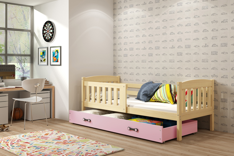 KUBUŚ 90X200 pat single pentru tineri cu saltea și sertar, pin/roz