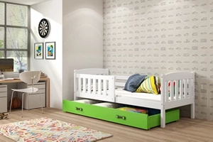 KUBUŚ 90X200 pat de tineret single cu saltea și sertar, alb/verde
