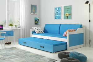 Pat extensibil pentru tineri DAWID 90X200 cu saltea și sertar, alb/albastru