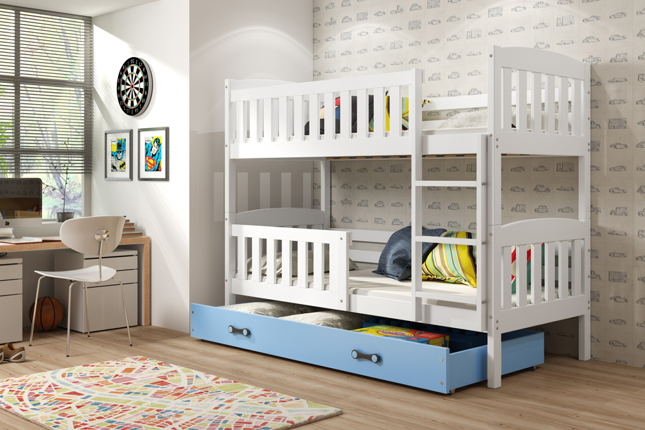 Pat supraetajat junior KUBUŚ 90X190 cu sertar, alb/albastru