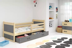 Rico pat single pentru adolescenți 90x190 cu saltea și sertar, pin/gri