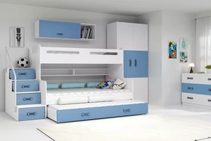 Pat de tineret triplu MAX 3 120X200 cu saltea și sertar, albastru