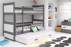 Pat supraetajat pentru adolescenți Rico cu 3 locuri 90x190 cu sertar, gri/alb