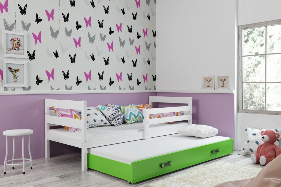 Pat extensibil pentru tineri ERYK 90X200 cu saltea și sertar, alb/verde