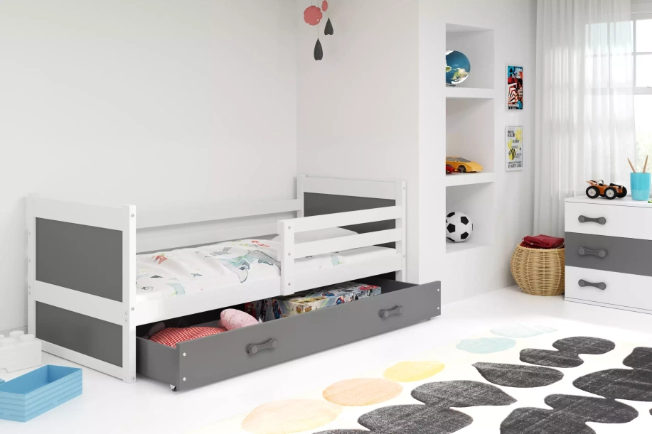 Pat single junior RICO 80X190 cu sertar, alb/grafit