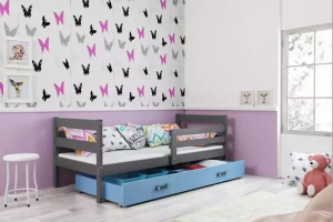 Éric pat single pentru adolescenți 90x190 cu saltea și sertar, gri/albastru