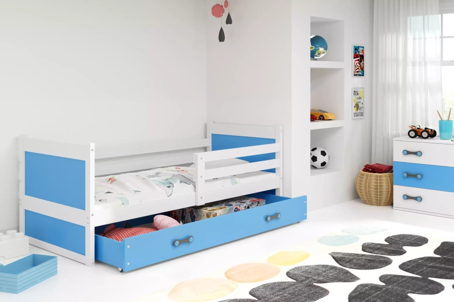 Pat single pentru tineri RICO 90X200 cu sertar, alb/albastru