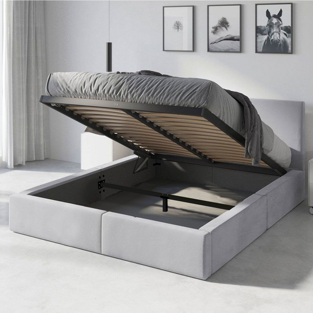 Pat tapițat pentru dormitor HILTON 140X200 cu cutie de depozitare, gri cenușă