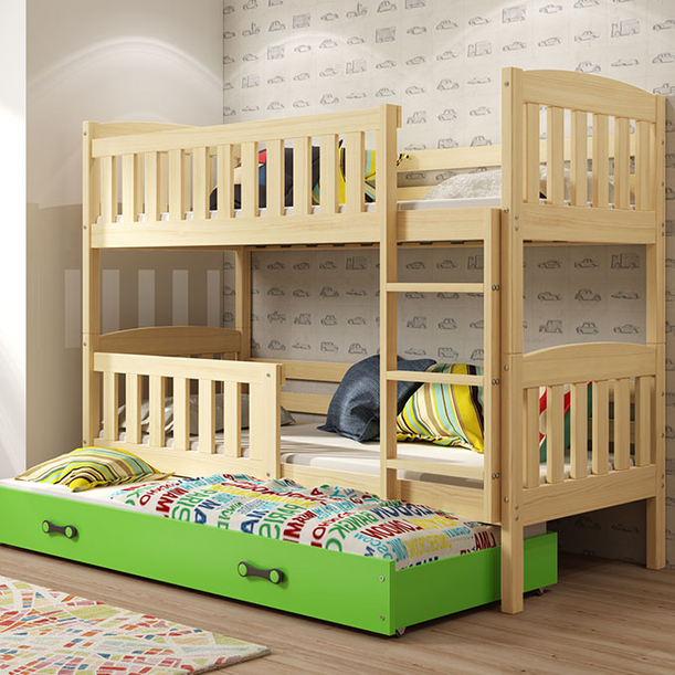 Pat supraetajat pentru adolescenți Jacquot cu 3 locuri 90x190 cu sertar, pin/verde