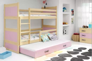 Pat supraetajat pentru adolescenți Rico cu 3 locuri 90x190 cu sertar, pin/roz